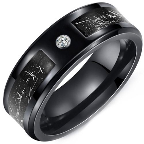 ***COI Black Tungsten Carbide Meteorite Beveled Edges Ring With Cubic Zirconia-01471A