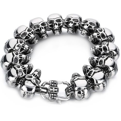 ***COI Titanium Black/Gold Tone/Silver Skull Bracelet With Steel Clasp(Length: 8.66 inches) -01490A