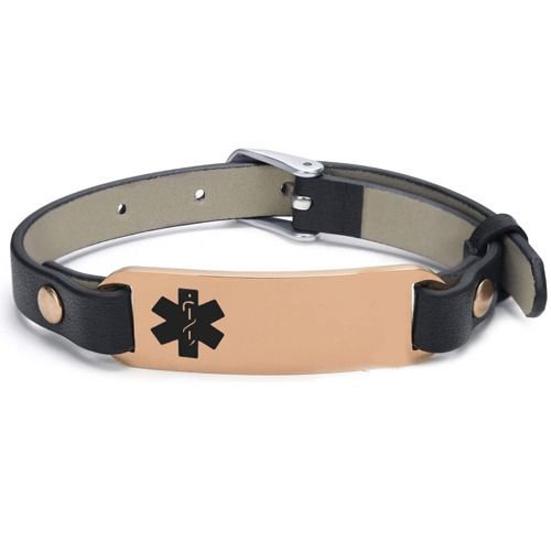 ***COI Titanium Black/Rose Medical Alert Genuine Leather Bracelet With Steel Clasp(Length: 8.27 inches)-01508A