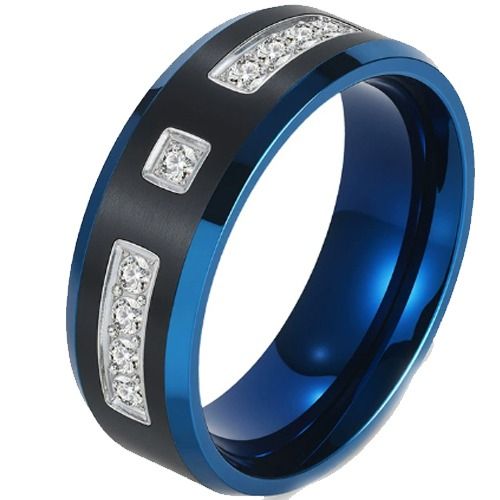 ***COI Titanium Black Blue Beveled Edges Ring With Cubic Zirconia-01516A