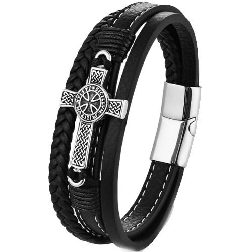 ***COI Titanium Black Silver Cross Genuine Leather Bracelet With Steel Clasp(Length: 8.27 inches)-01521A