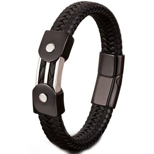 ***COI Titanium Black Silver Genuine Leather Bracelet With Steel Clasp(Length: 8.27 inches)-01525A