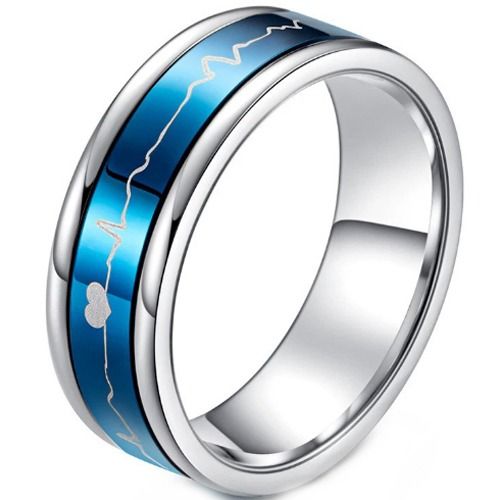 ***COI Titanium Black/Blue Silver Heartbeat & Heart Ring-01530A