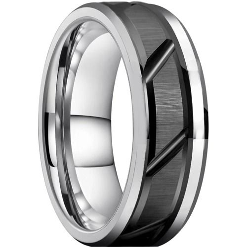 ***COI Tungsten Carbide Black Silver Diagonal Grooves Beveled Edges Ring-01538A