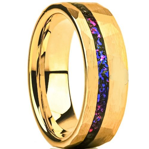 ***COI Gold Tone Tungsten Carbide Meteorite & Crushed Opal Faceted Ring-01539A