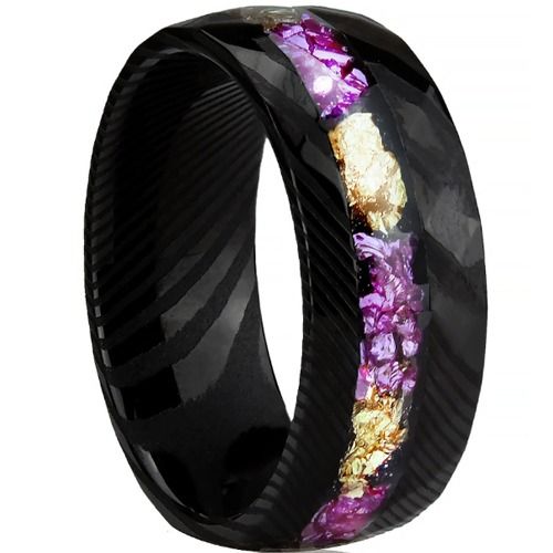 ***COI Black Tungsten Carbide Damascus Ring With Purple Amethyst & Gold Foil-01545A