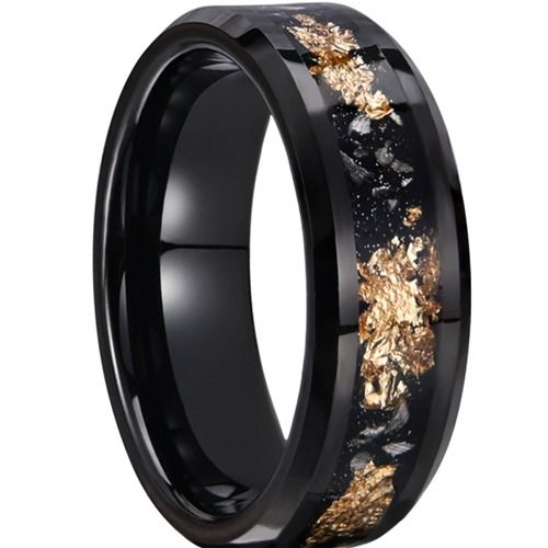 ***COI Black Tungsten Carbide Meteorite & Gold Foil Beveled Edges Ring-01547A