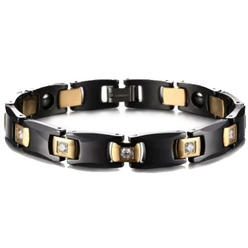 ***COI Titanium Gold Tone Black Ceramic Cubic Zirconia Bracelet With Steel Clasp(Length: 8.27 inches)-01563A