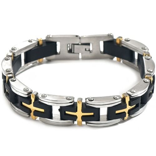 ***COI Titanium Black Gold Tone Silver Cross Bracelet With Steel Clasp(Length: 8.46 inches)-01568A