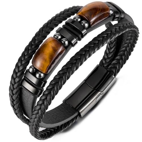 ***COI Black Titanium Tiger Eye Genuine Leather Bracelet With Steel Clasp(Length: 8.46 inches)-01572A