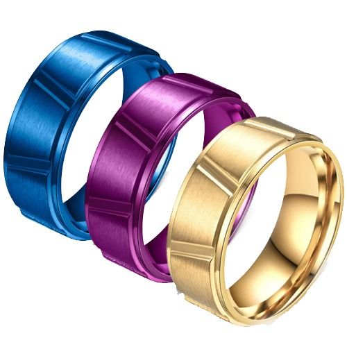 ***COI Titanium Purple/Blue/Gold Tone Diagonal Grooves Step Edges Ring-01581A