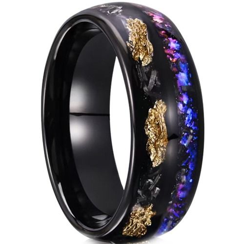 ***COI Black Titanium Meteorite Gold Foil & Crushed Opal Dome Court Ring-01588A