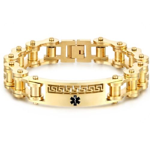 ***COI Gold Tone Titanium Greek Key Pattern Medical Alert Bracelet With Steel Clasp(Length: 9.06 inches)-01593A