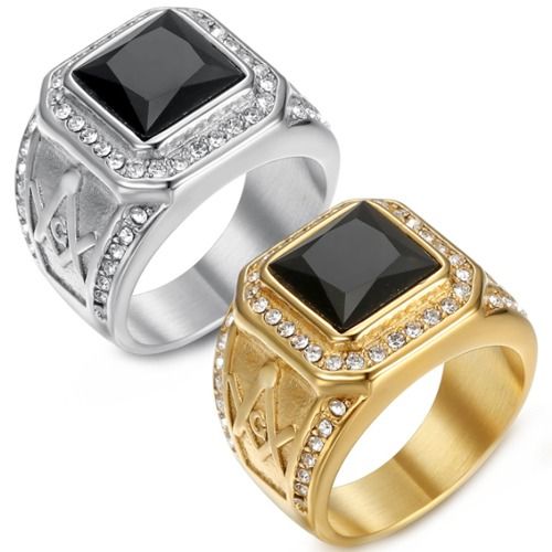 ***COI Titanium Gold Tone/Silver Masonic Freemason Ring With Black Onyx-01602A