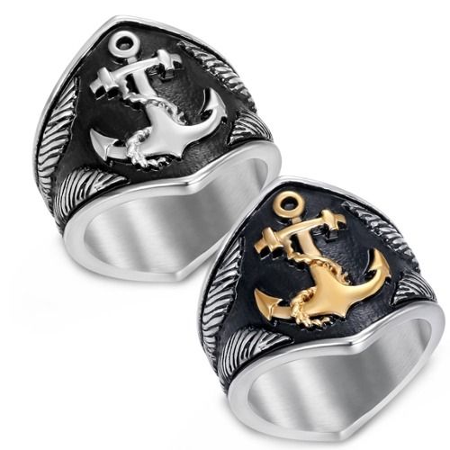 ***COI Titanium Black Silver/Black Gold Tone Silver Anchor Ring-01603A