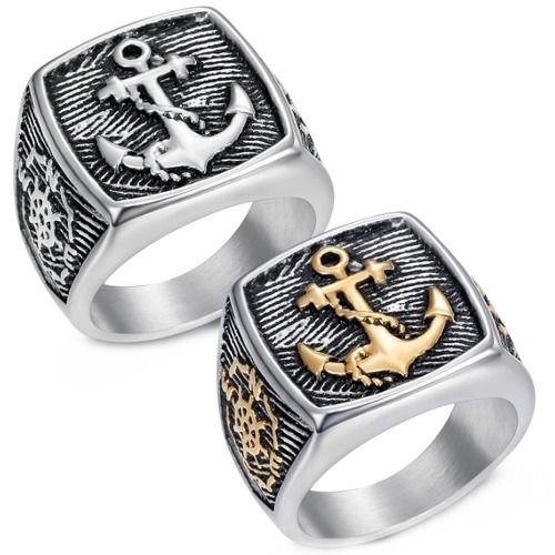 ***COI Titanium Black Silver/Black Gold Tone Silver Anchor Ring-01604A