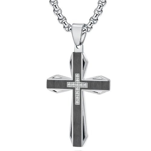 ***COI Titanium Black Blue/Gold Tone Silver/Black Silver Cross Pendant With Cubic Zirconia-01625A