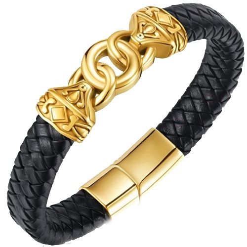 ***COI Gold Tone Titanium Infinity & Celtic Genuine Leather Bracelet With Steel Clasp(Length: 8.27 inches)-01631A