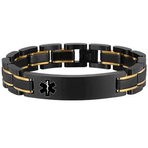 ***COI Titanium Black Gold Tone Medical Alert Bracelet With Steel Clasp(Length: 8.66 inches)-01647A