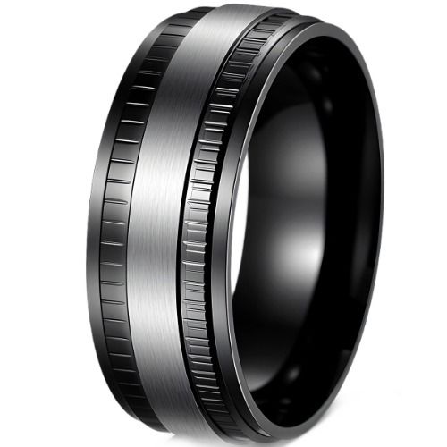 ***COI Titanium Black Silver Tire Tread Step Edges Ring-01652A