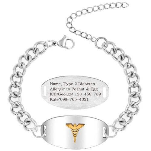 ***COI Titanium Gold Tone Black/Silver Medical Alert Custom Engraving Bracelet With Steel Clasp(Length: 8.27 inches)-01664A
