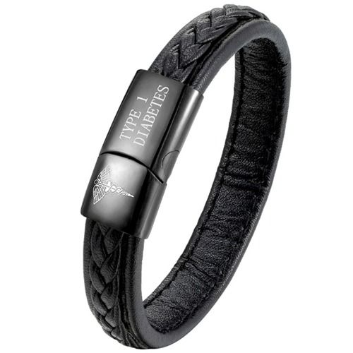 ***COI Black Titanium Medical Alert Custom Engraving Genuine Leather Bracelet With Steel Clasp(Length: 8.27 inches)-01667A