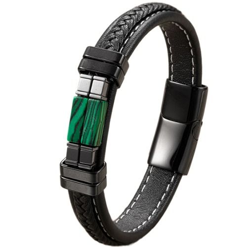 ***COI Titanium Black Silver Lapis Lazuli Genuine Leather Bracelet With Steel Clasp(Length: 9.06 inches)-01668A