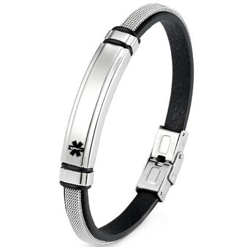 ***COI Titanium Black Silver Medical Alert Genuine Leather Bracelet With Steel Clasp(Length: 8.66 inches) -01681A
