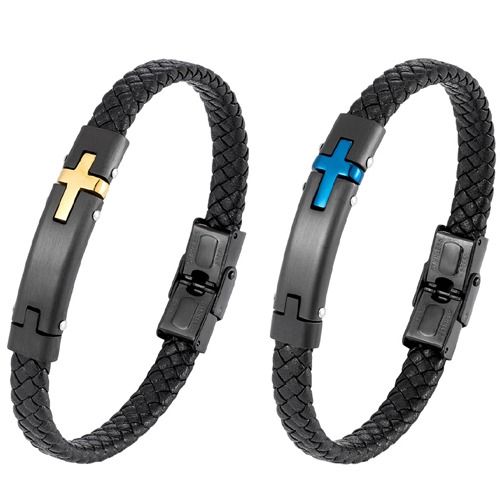 ***COI Titanium Black Blue/Gold Tone Cross Genuine Leather Bracelet With Steel Clasp(Length: 8.85 inches) -01682A
