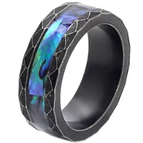 ***COI Titanium Black/Silver Faceted Ring With Abalone Shell-01688A
