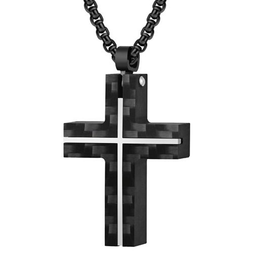 ***COI Titanium Black Rose/Silver Cross Pendant With Carbon Fiber-01698A