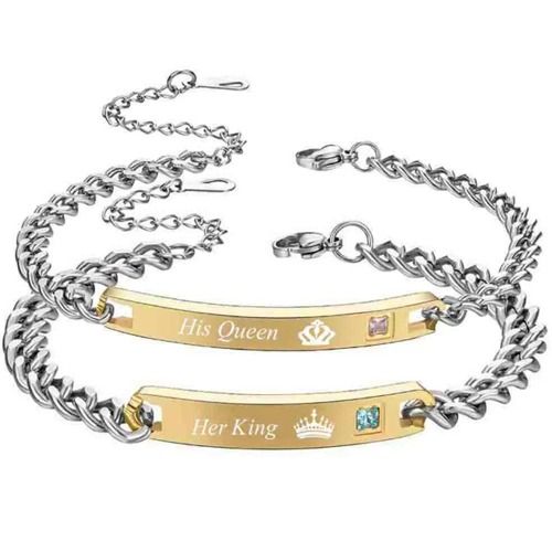 ***COI Titanium Gold Tone Silver King Queen Crown Cubic Zirconia Bracelet With Steel Clasp(Length: 8.27 inches) -01701A