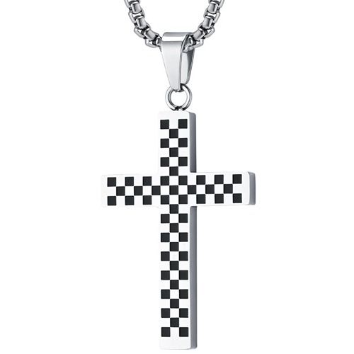 ***COI Titanium Black/Silver Checkered Flag Cross Pendant-01717A