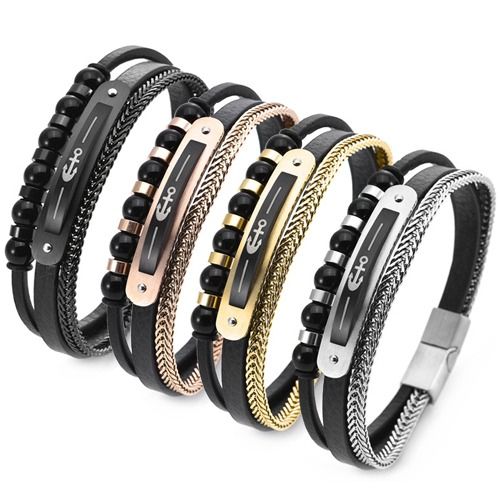 ***COI Titanium Black/Gold Tone/Rose/Silver Anchor Genuine Leather Bracelet With Steel Clasp(Length: 8.27 inches) -01719A
