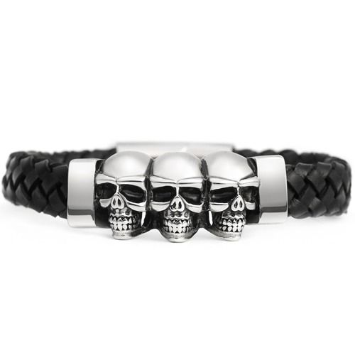 ***COI Titanium Black Silver Skull Genuine Leather Bracelet With Steel Clasp(Length: 8.27 inches) -01722A