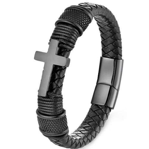 ***COI Black Titanium Cross Genuine Leather Bracelet With Steel Clasp(Length: 8.27 inches) -01728A