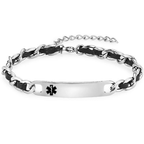 ***COI Titanium Medical Alert Black Genuine Leather Bracelet With Steel Clasp(Length: 8.27 inches) -01731A
