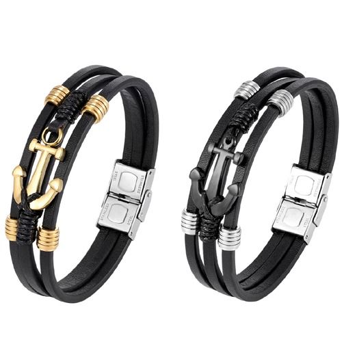 ***COI Titanium Black/Gold Tone Anchor Genuine Leather Bracelet With Steel Clasp(Length: 8.66 inches) -01734A