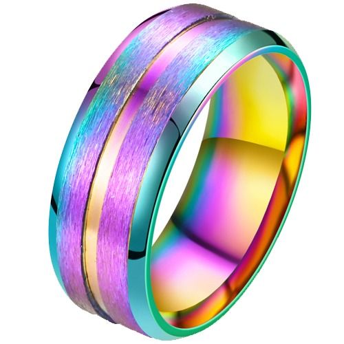 ***COI Titanium Rainbow Pride Center Groove Beveled Edges Ring-01737A