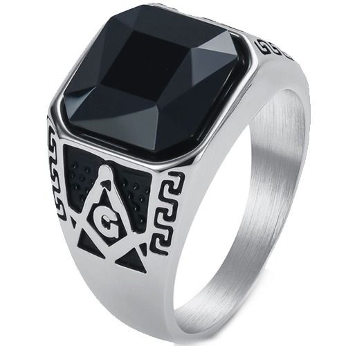 ***COI Titanium Black Gold Tone/Silver Masonic Freemason Ring With Black Onyx-01738A