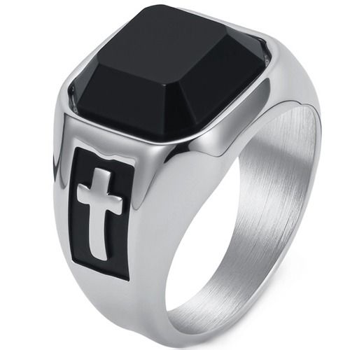 ***COI Titanium Black Gold Tone/Silver Cross Ring With Black Onyx-01739A