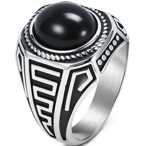 ***COI Titanium Black/Silver Greek Key Pattern Ring With Black Onyx-01740A