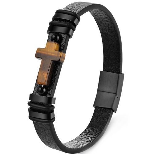 ***COI Black Titanium Tiger Eye Genuine Leather Bracelet With Steel Clasp(Length: 8.27 inches)-01744A