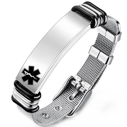 ***COI Titanium Black Silver Medical Alert Bracelet With Steel Clasp(Length: 8.27 inches)-01757A