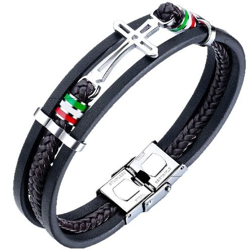 ***COI Titanium Cross Genuine Leather Bracelet With Steel Clasp(Length: 8.27 inches)-01758A