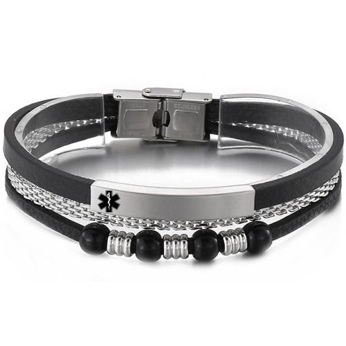 ***COI Titanium Black/Silver Medical Alert Genuine Leather Bracelet With Steel Clasp(Length: 8.27 inches)-01762A