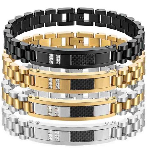 ***COI Titanium Black/Gold Tone/Silver Carbon Fiber Cubic Zirconia Bracelet With Steel Clasp(Length: 8.27 inches)-01765A