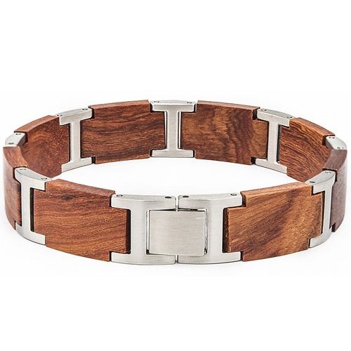 ***COI Titanium Gold Tone/Silver Koa Wood Bracelet With Steel Clasp(Length: 8.66 inches)-01838A