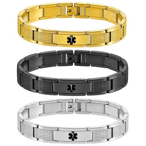 ***COI Titanium Black/Gold Tone/Silver Medical Alert Bracelet With Steel Clasp(Length: 8.27 inches)-01877A