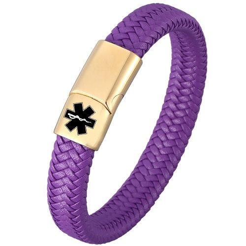 ***COI Gold Tone Titanium Medical Alert Purple Genuine Leather Bracelet With Steel Clasp(Length: 8.27 inches)-01878A